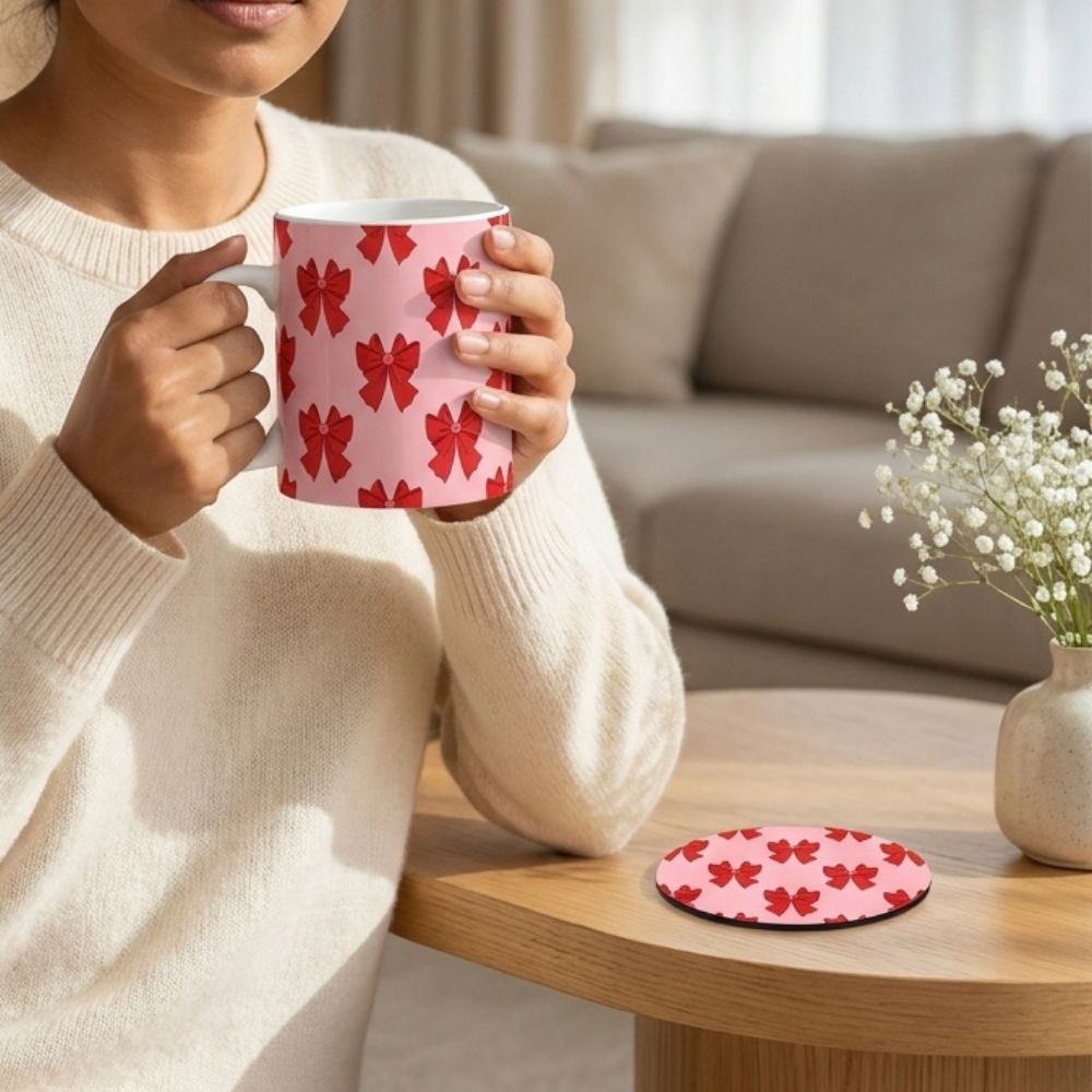 Bazinco Coordinated Design Red Bow 11 Oz Ceramic Mug and Heat Resistant Coaster Set