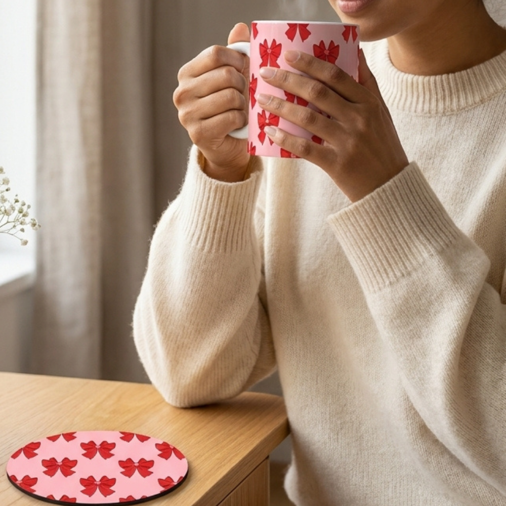 Bazinco Coordinated Design Red Bow 11 Oz Ceramic Mug and Heat Resistant Coaster Set