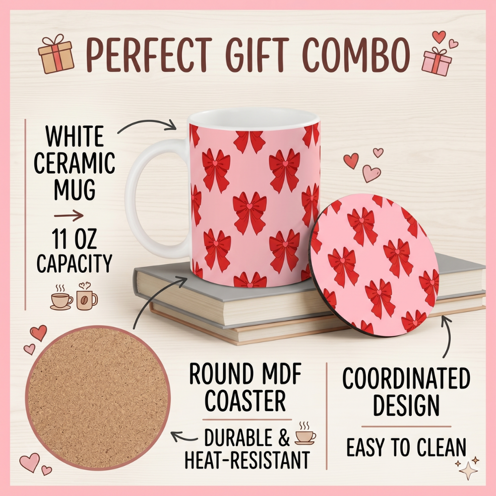 Bazinco Coordinated Design Red Bow 11 Oz Ceramic Mug and Heat Resistant Coaster Set