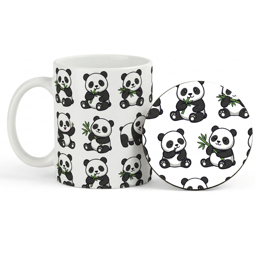 Bazinco Matching Panda Pattern White 11 Oz Ceramic Mug and Coaster Gift Combo