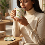 Bazinco Unique Traditional Pattern White 11 Oz Ceramic Mug and Coaster Gift Combo
