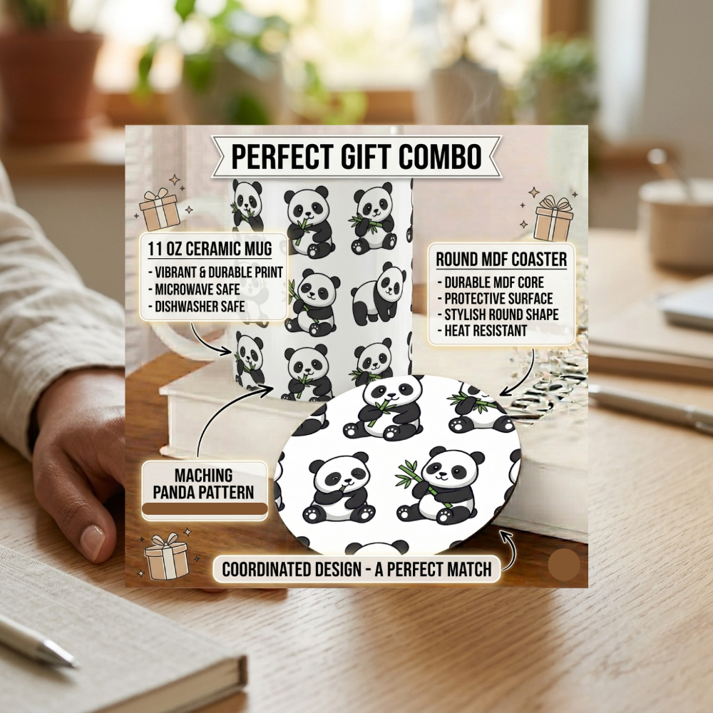 Bazinco Matching Panda Pattern White 11 Oz Ceramic Mug and Coaster Gift Combo
