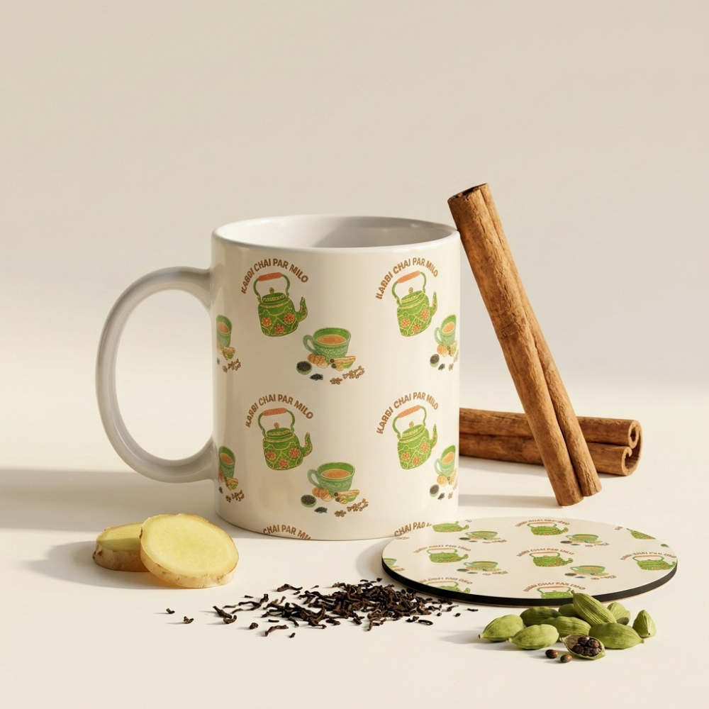 Bazinco Unique Traditional Pattern White 11 Oz Ceramic Mug and Coaster Gift Combo