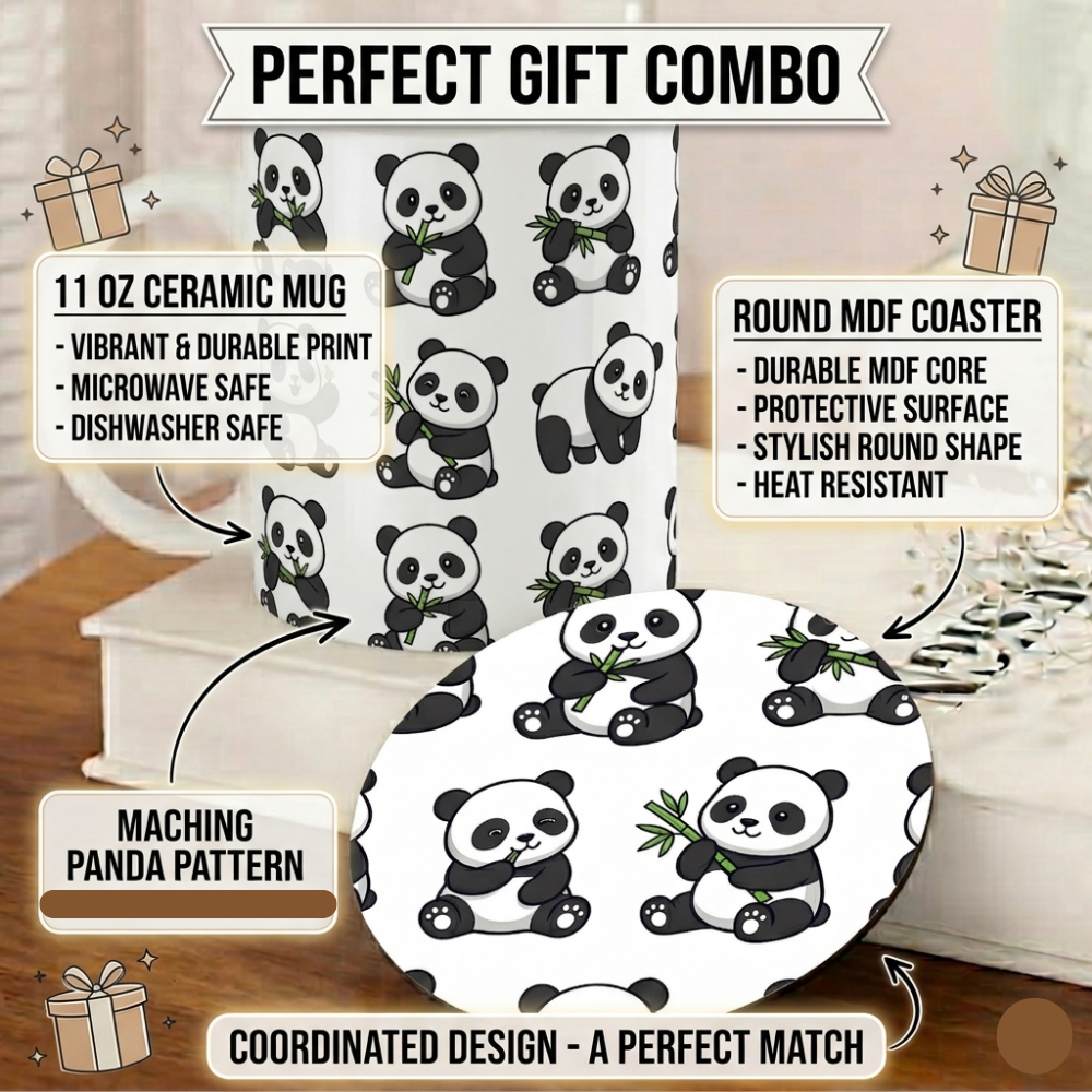 Bazinco Matching Panda Pattern White 11 Oz Ceramic Mug and Coaster Gift Combo