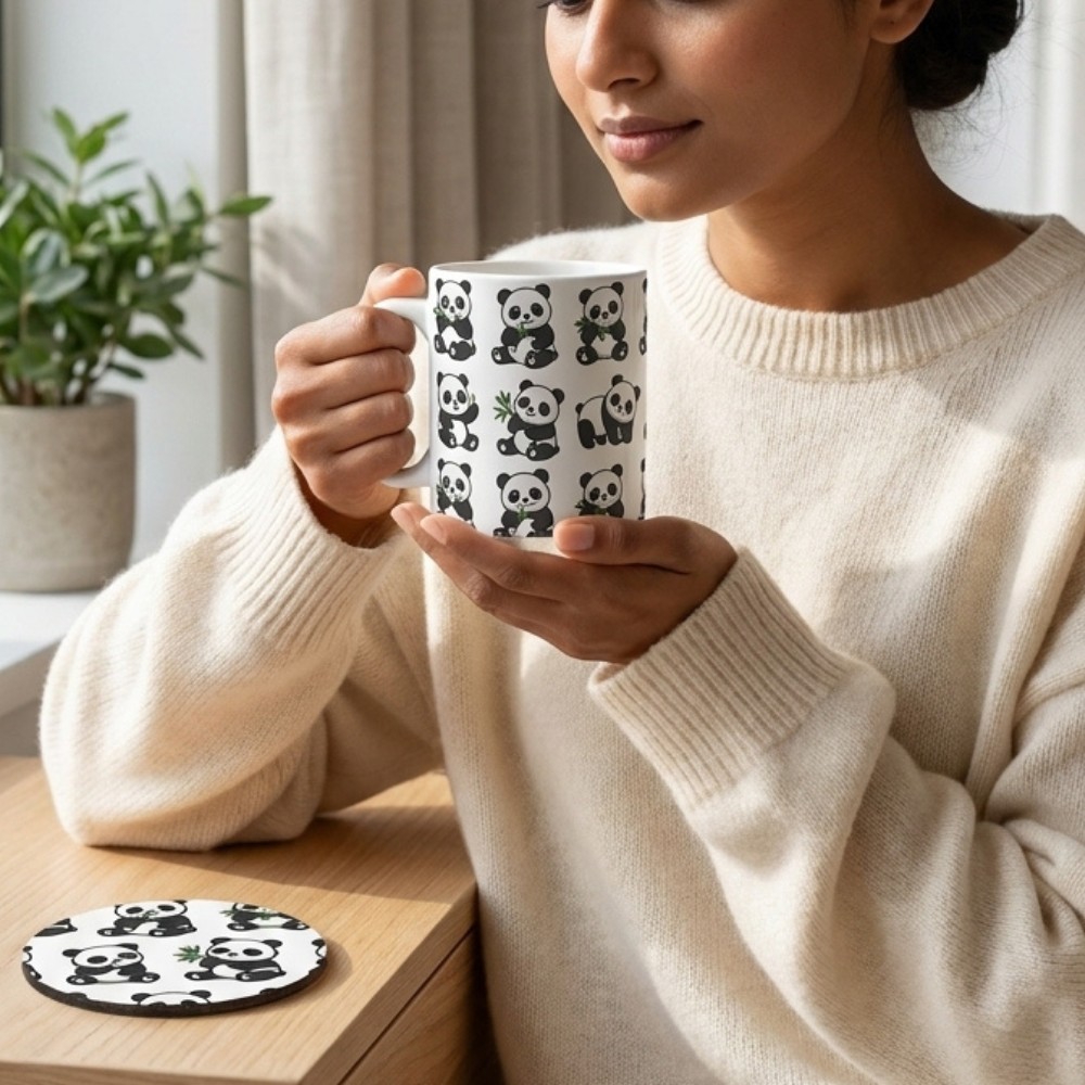 Bazinco Matching Panda Pattern White 11 Oz Ceramic Mug and Coaster Gift Combo