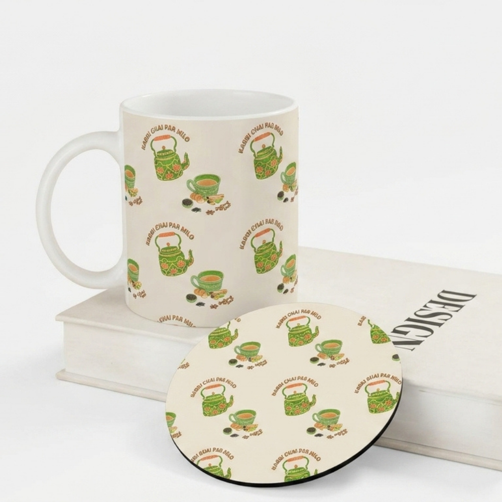 Bazinco Unique Traditional Pattern White 11 Oz Ceramic Mug and Coaster Gift Combo