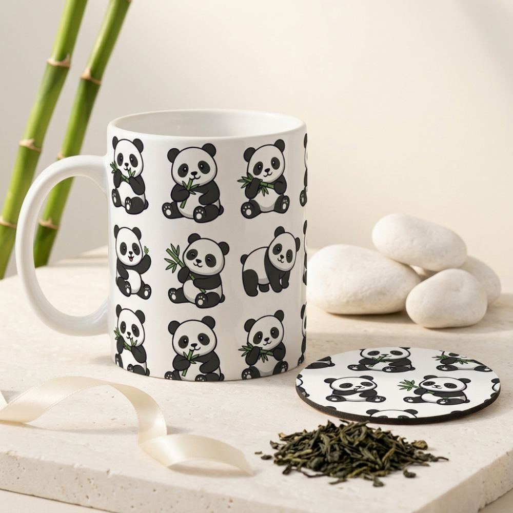 Bazinco Matching Panda Pattern White 11 Oz Ceramic Mug and Coaster Gift Combo