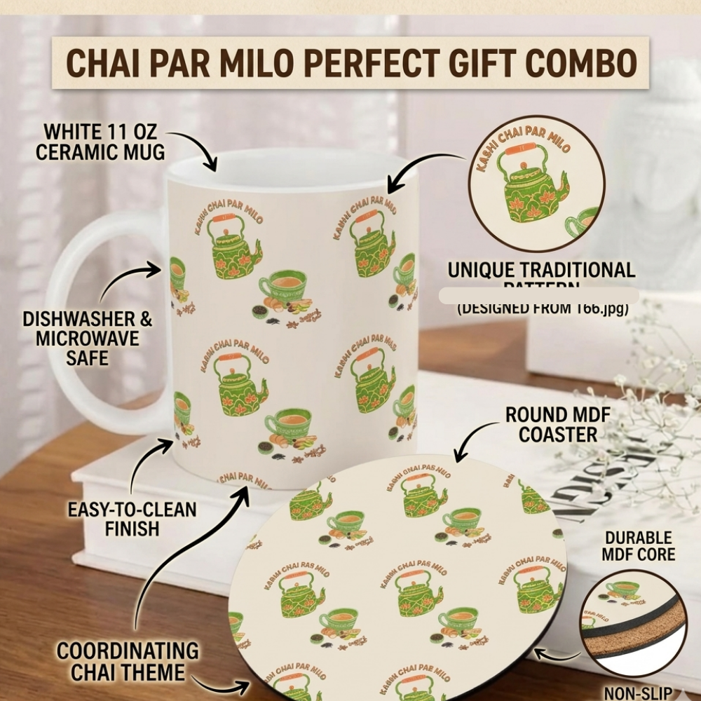 Bazinco Unique Traditional Pattern White 11 Oz Ceramic Mug and Coaster Gift Combo