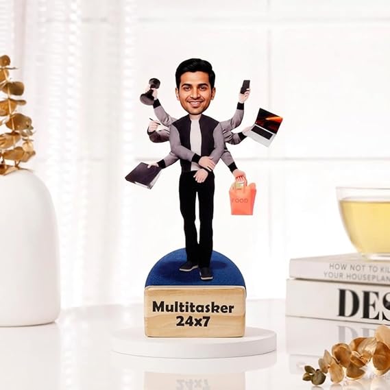 Bazinco Custom Multitasker Caricature Standee with Wooden Base | Personalized Acrylic Desk Showpiece Gift for Office Professionals & Entrepreneurs