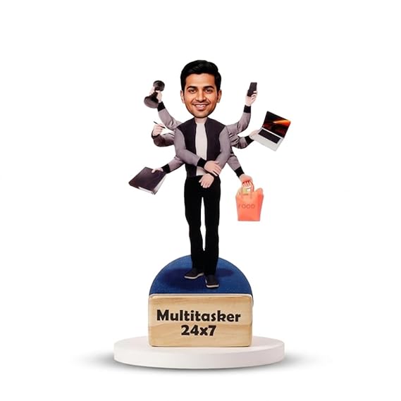 Bazinco Custom Multitasker Caricature Standee with Wooden Base | Personalized Acrylic Desk Showpiece Gift for Office Professionals & Entrepreneurs