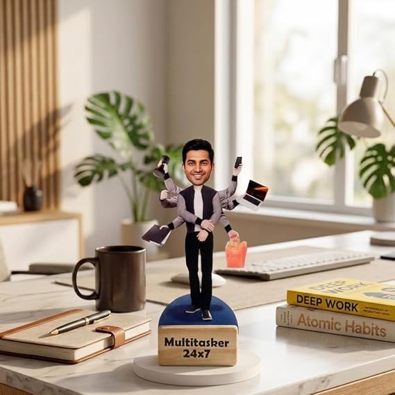 Bazinco Custom Multitasker Caricature Standee with Wooden Base | Personalized Acrylic Desk Showpiece Gift for Office Professionals & Entrepreneurs