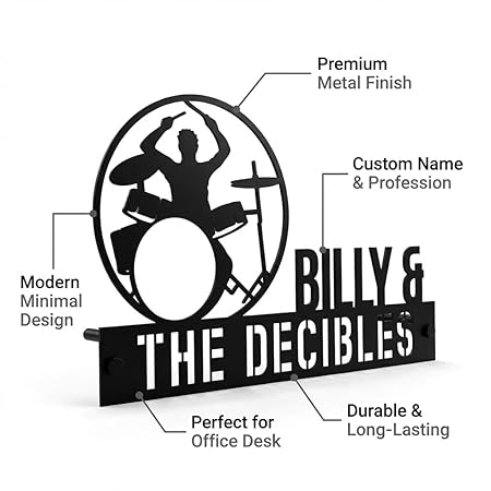 Bazinco Drummer Silhouette Personalized Band Name Plate | Custom Music Studio Desk Sign