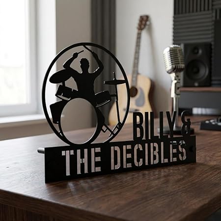 Bazinco Drummer Silhouette Personalized Band Name Plate | Custom Music Studio Desk Sign