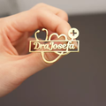 Custom Medical Name Badge with Stethoscope & Heart Design – Personalized Gold Doctor Brooch | Bazinco