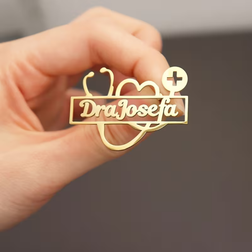 Custom Medical Name Badge with Stethoscope & Heart Design – Personalized Gold Doctor Brooch | Bazinco