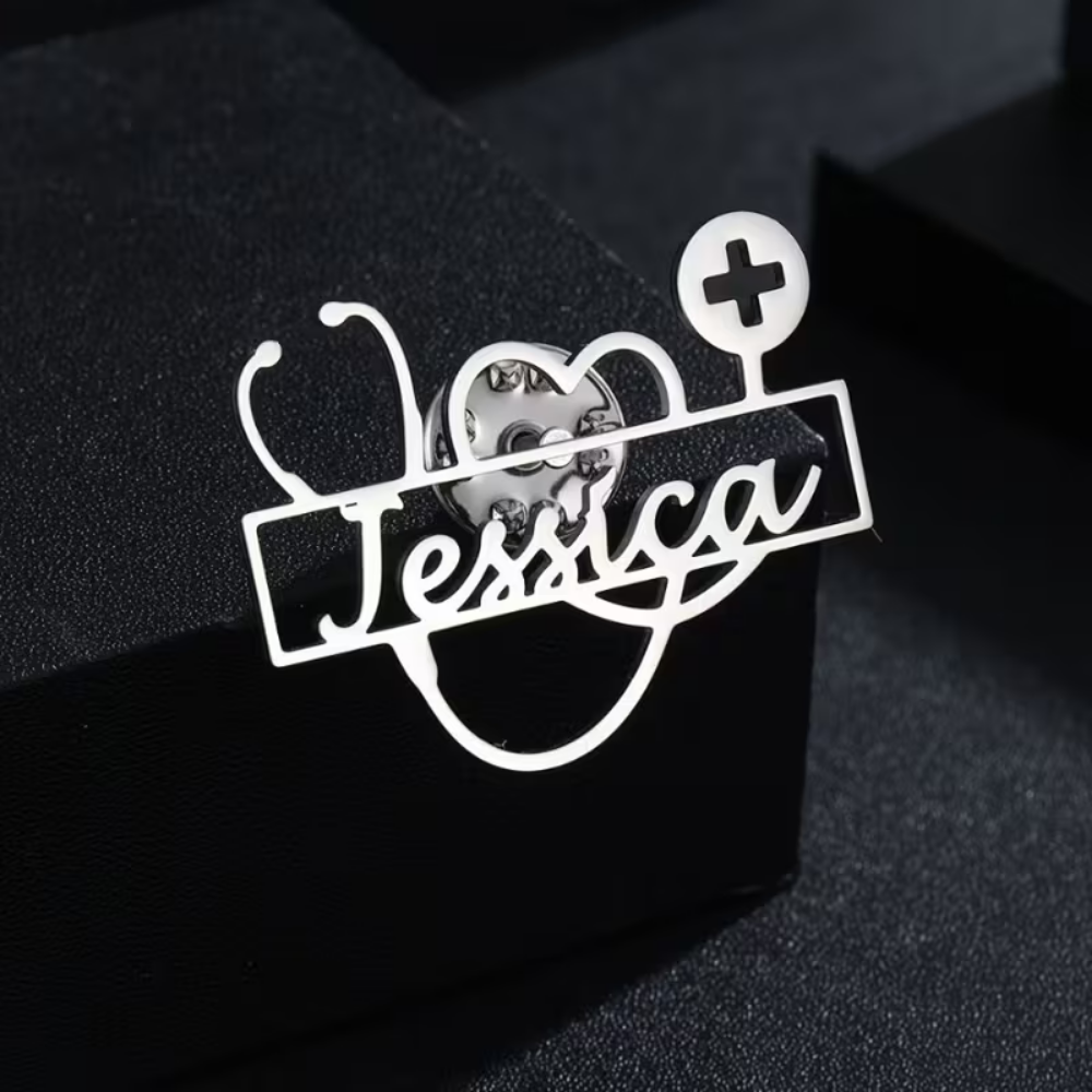 Custom Medical Name Badge with Stethoscope & Heart Design – Personalized Gold Doctor Brooch | Bazinco