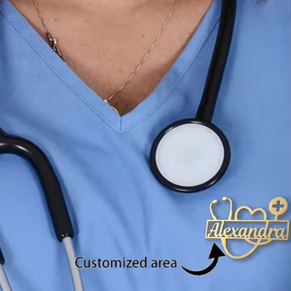 Custom Medical Name Badge with Stethoscope & Heart Design – Personalized Gold Doctor Brooch | Bazinco