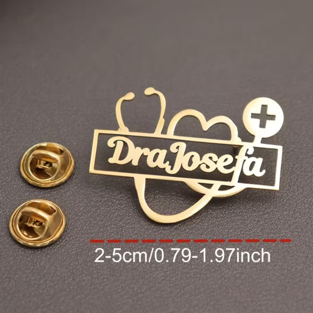 Custom Medical Name Badge with Stethoscope & Heart Design – Personalized Gold Doctor Brooch | Bazinco
