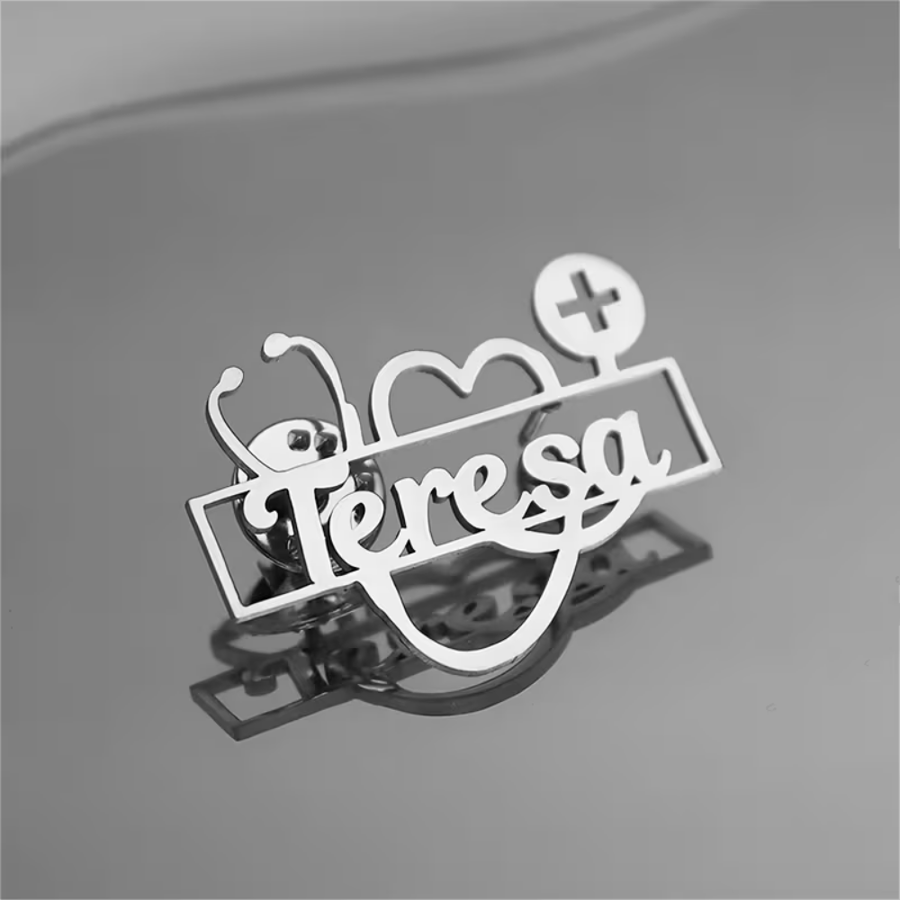 Custom Medical Name Badge with Stethoscope & Heart Design – Personalized Gold Doctor Brooch | Bazinco