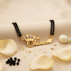 Bazinco Personalized Name Mangalsutra with CZ Crown & Heart – Black Beaded Gold Necklace