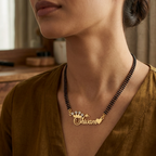 Bazinco Personalized Name Mangalsutra with CZ Crown & Heart – Black Beaded Gold Necklace