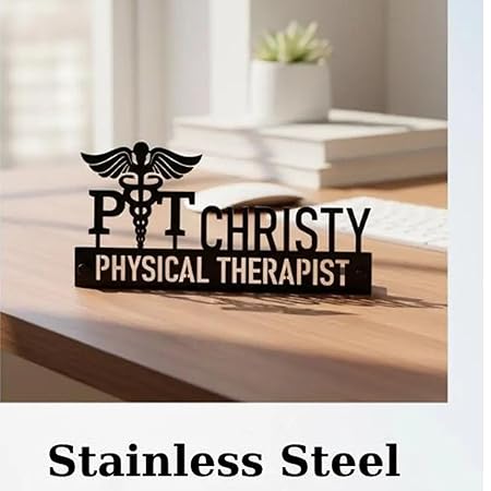 Custom Physical Therapist Name Plate – Caduceus Medical Desk Sign in Stainless Steel by Bazinco