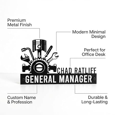 Bazinco General Manager Name Plate – Personalized Desk Name Sign with Industrial Gear Design