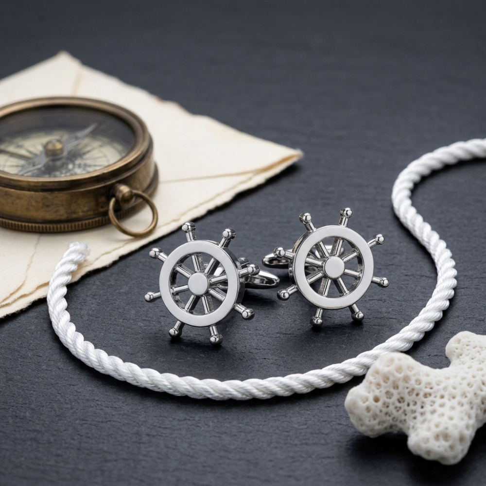 Bazinco Nautical Ship Wheel Cufflinks for Men – Premium Silver Anchor Style Formal Shirt Accessories