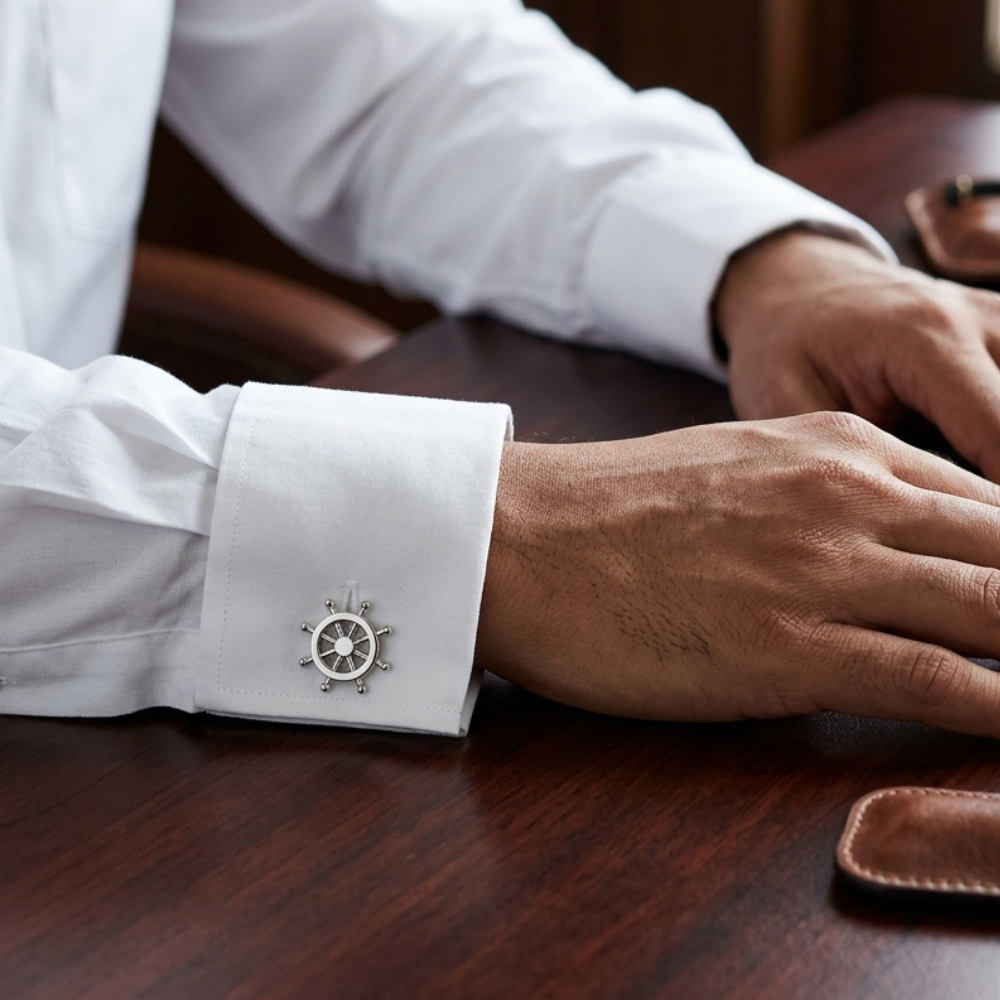 Bazinco Nautical Ship Wheel Cufflinks for Men – Premium Silver Anchor Style Formal Shirt Accessories