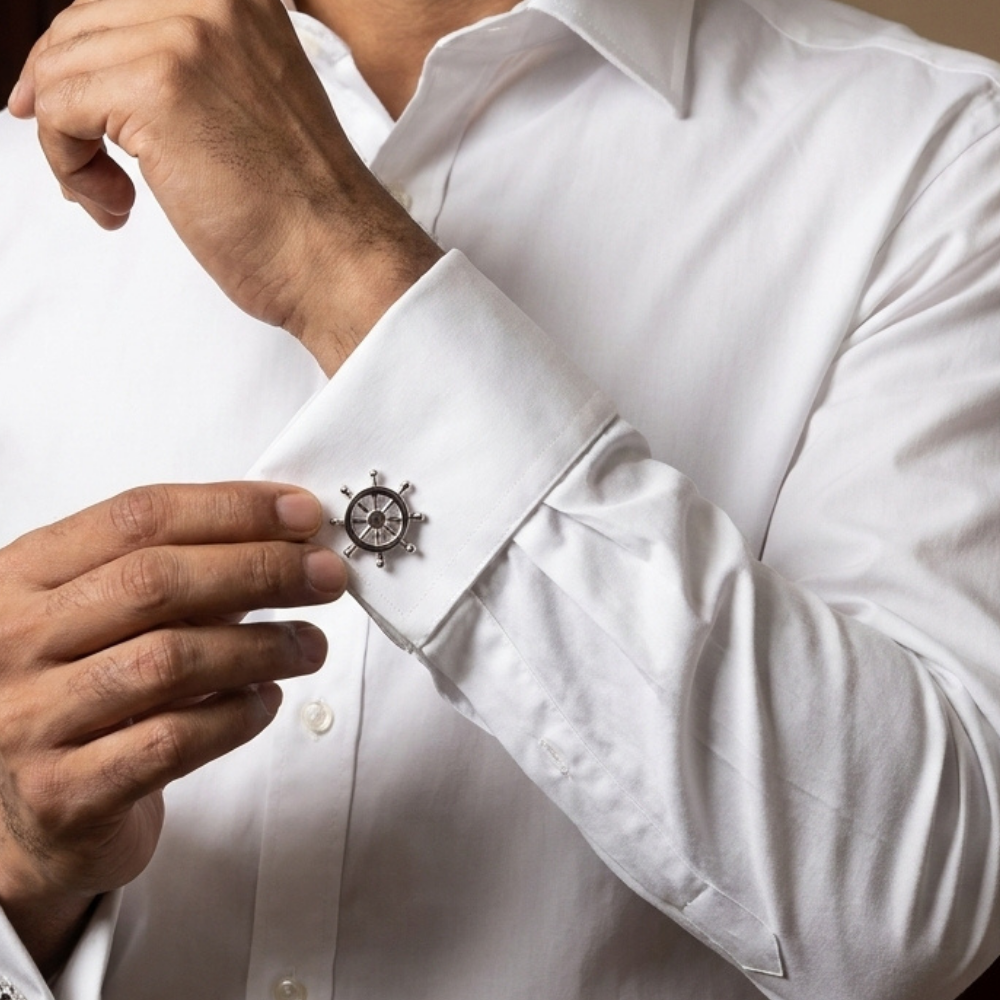 Bazinco Nautical Ship Wheel Cufflinks for Men – Premium Silver Anchor Style Formal Shirt Accessories