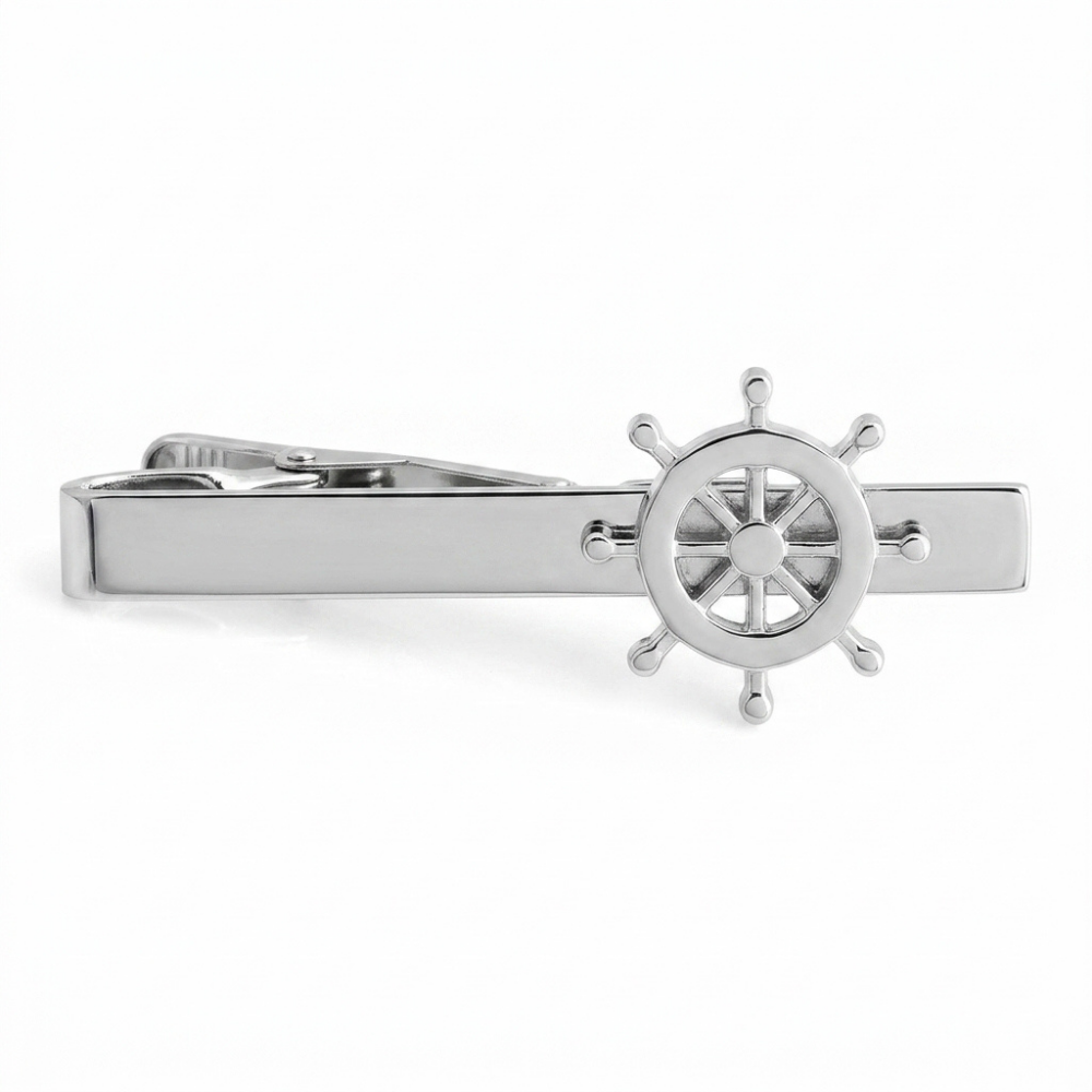 Bazinco Nautical Ship Wheel Tie Clip – Premium Silver Tie Bar for Men Formal Wear