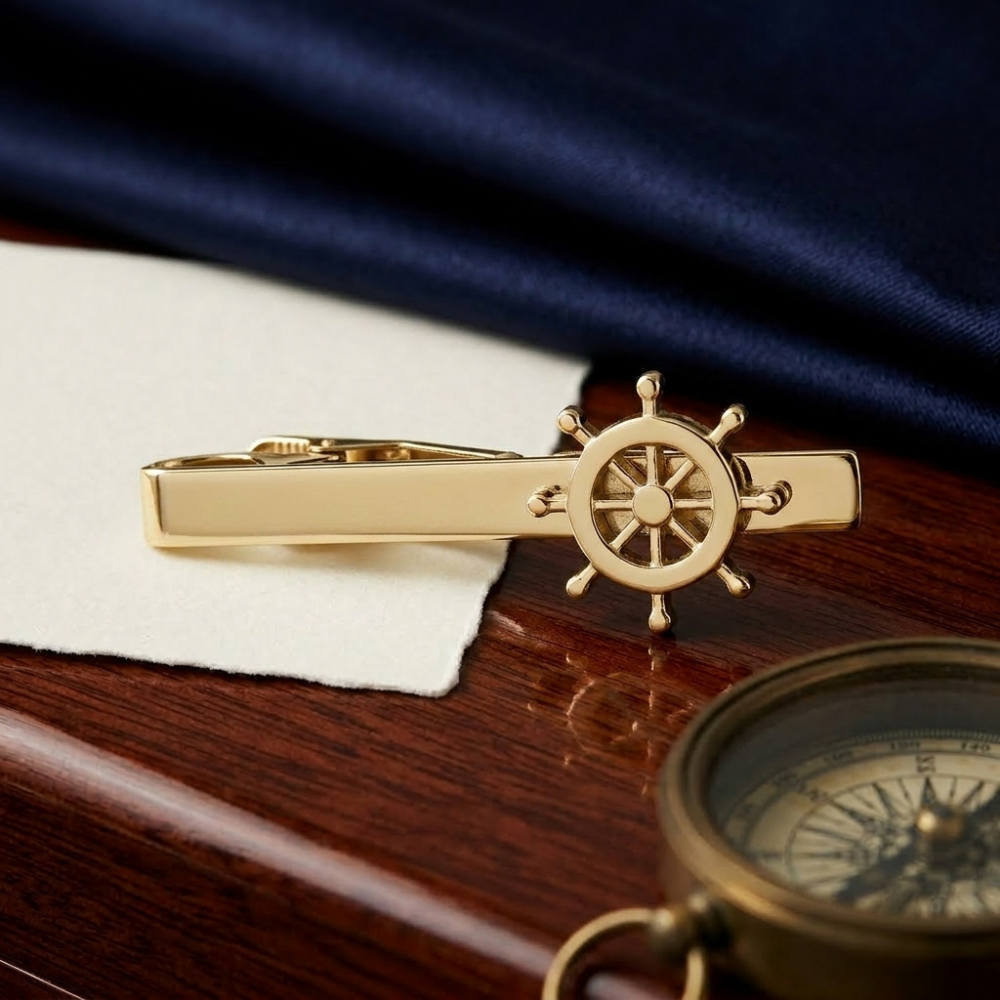 Bazinco Nautical Ship Wheel Tie Clip – Premium Silver Tie Bar for Men Formal Wear