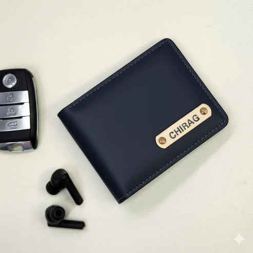 Bazinco Custom Name Wallet for Men Navy Blue | Luxury Personalized Bi Fold Leather Wallet