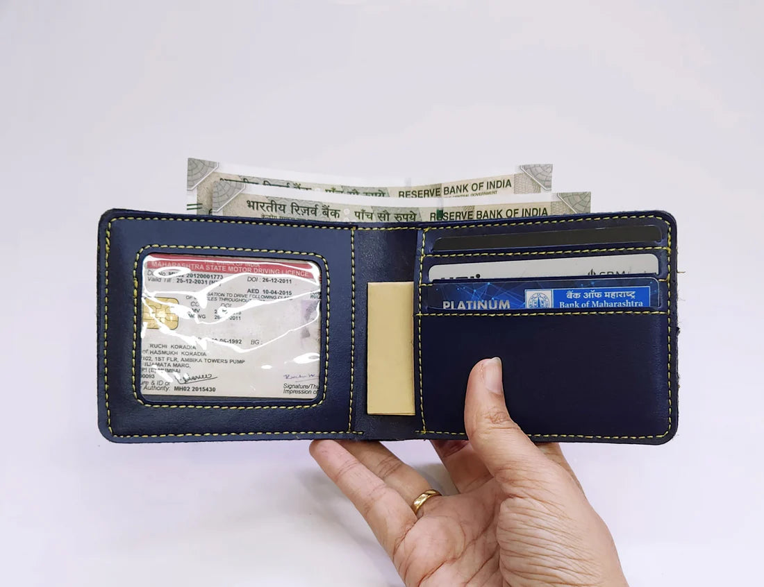Bazinco Custom Name Wallet for Men Navy Blue | Luxury Personalized Bi Fold Leather Wallet
