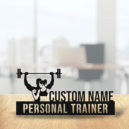 Bazinco Custom Fitness Trainer Name Plate – Personalized Barbell Personal Trainer Metal Desk Sign