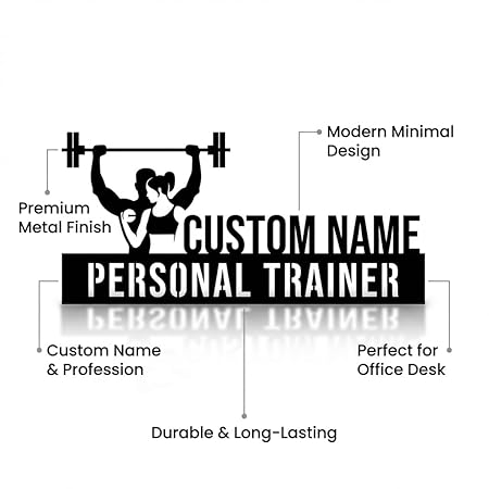 Bazinco Custom Fitness Trainer Name Plate – Personalized Barbell Personal Trainer Metal Desk Sign