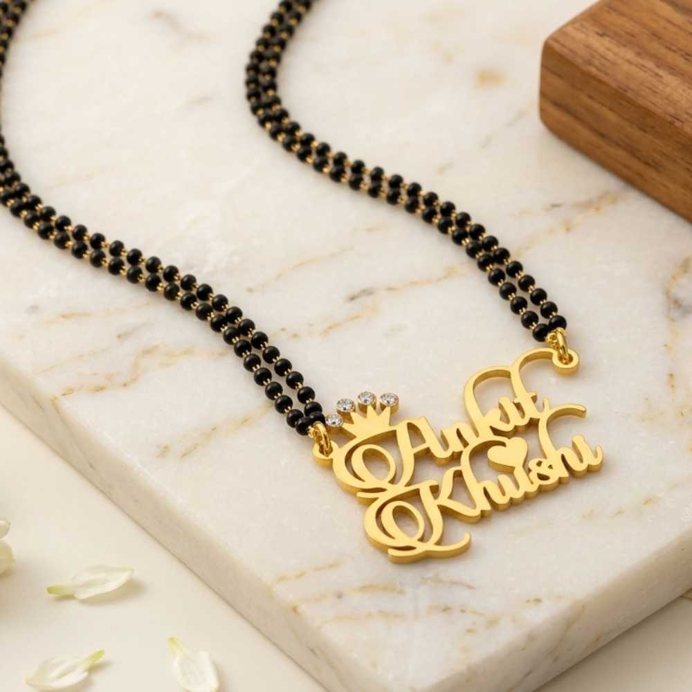 Personalised Couple Name Crown Mangalsutra for Women – Custom Royal Love Jewellery by Bazinco