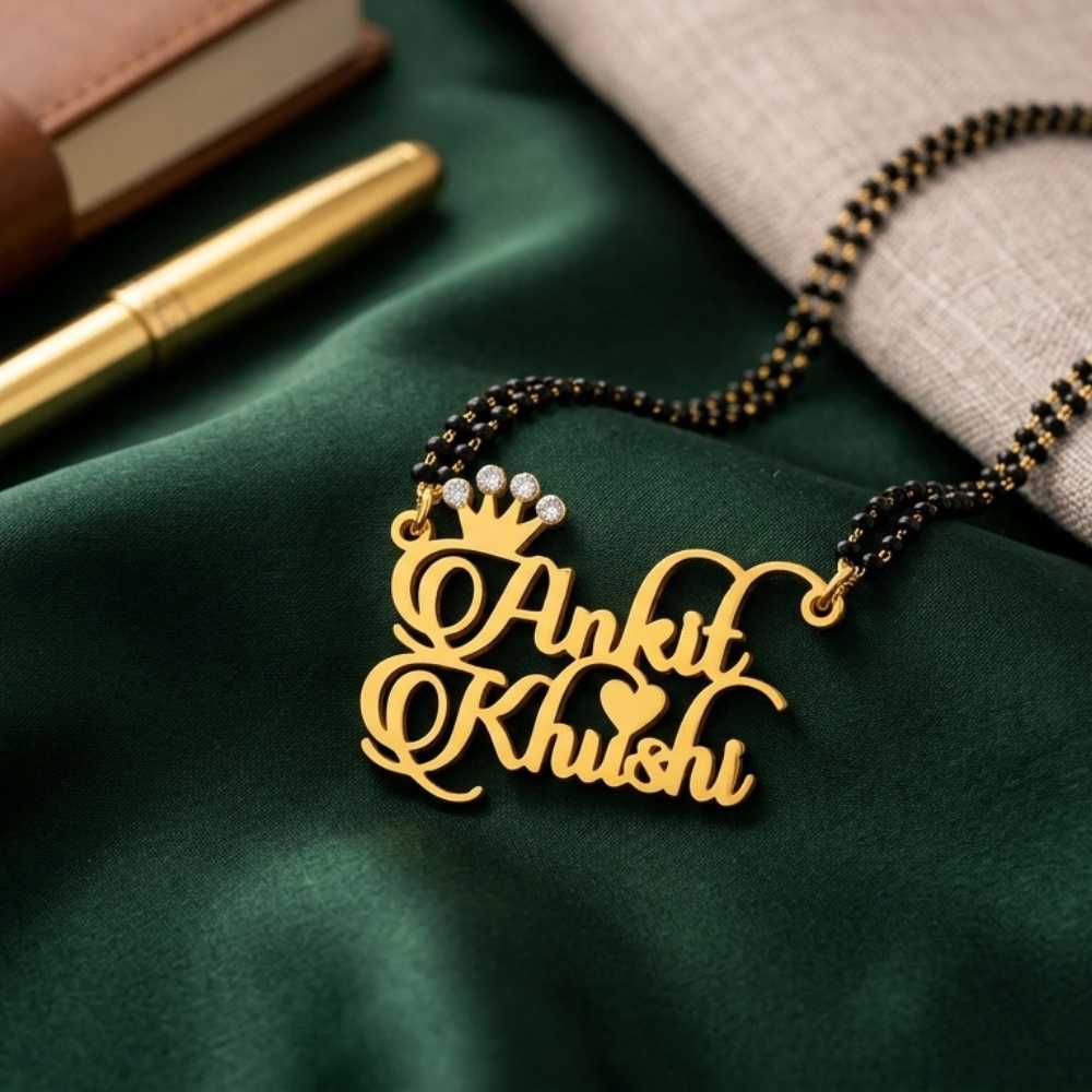 Personalised Couple Name Crown Mangalsutra for Women – Custom Royal Love Jewellery by Bazinco