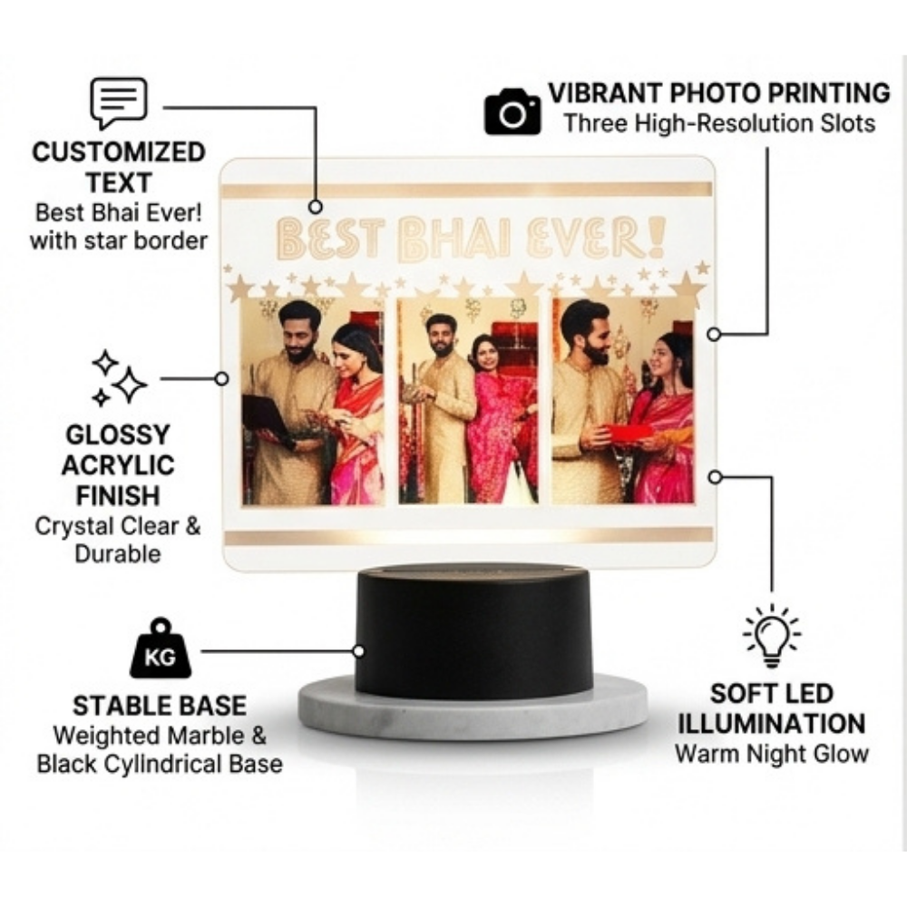 Bazinco Personalised Raksha Bandhan LED Photo Stand | Custom Acrylic Photo Lamp with 3 Photos | Best Bhai Ever Gift | Rakhi Gift for Brother | Personalized Night Light