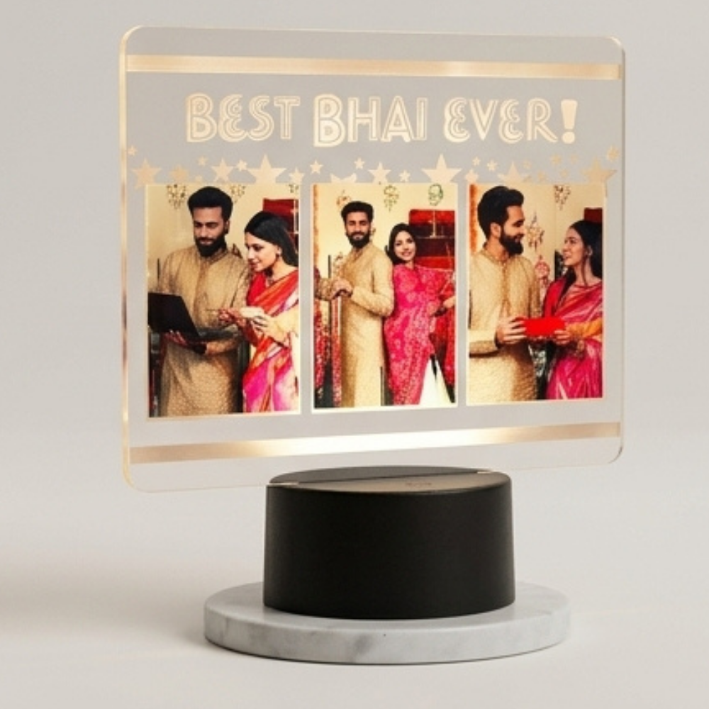 Bazinco Personalised Raksha Bandhan LED Photo Stand | Custom Acrylic Photo Lamp with 3 Photos | Best Bhai Ever Gift | Rakhi Gift for Brother | Personalized Night Light