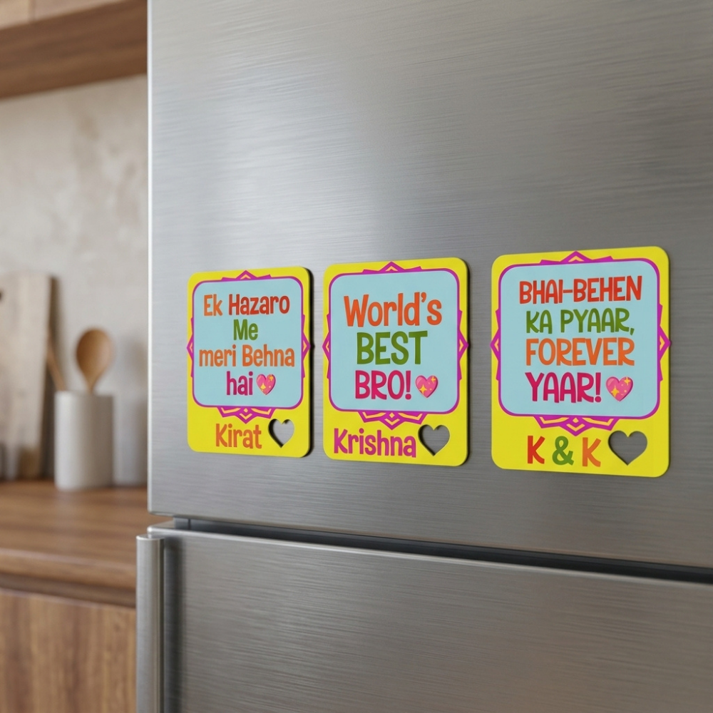Bazinco Personalized Bhai Behen Fridge Magnet | Custom Name Sibling Gift Magnet | Bhai-Behen Ka Pyaar Forever Yaar