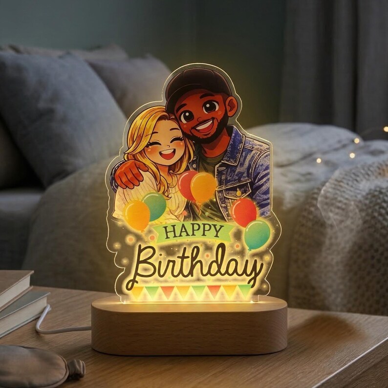 Bazinco Personalized Birthday Couple Caricature LED Lamp | Custom Photo to Cartoon Acrylic Night Lamp | Birthday Gift for Boyfriend, Girlfriend, Husband & Wife
