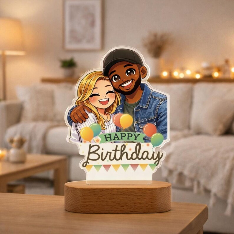 Bazinco Personalized Birthday Couple Caricature LED Lamp | Custom Photo to Cartoon Acrylic Night Lamp | Birthday Gift for Boyfriend, Girlfriend, Husband & Wife