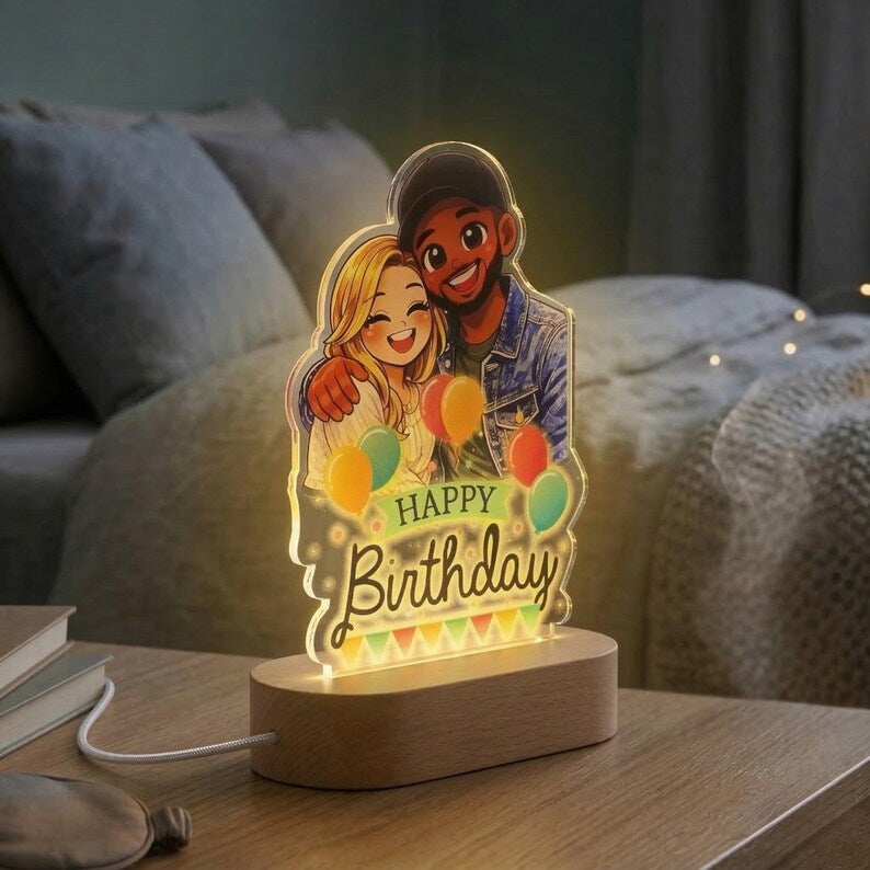 Bazinco Personalized Birthday Couple Caricature LED Lamp | Custom Photo to Cartoon Acrylic Night Lamp | Birthday Gift for Boyfriend, Girlfriend, Husband & Wife