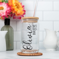 Custom Bride Glass Cup with Name & Wedding Year | Personalized Bridal Glass Can with Bamboo Lid & Reusable Glass Straw | Bride-to-Be Gift by Bazinco