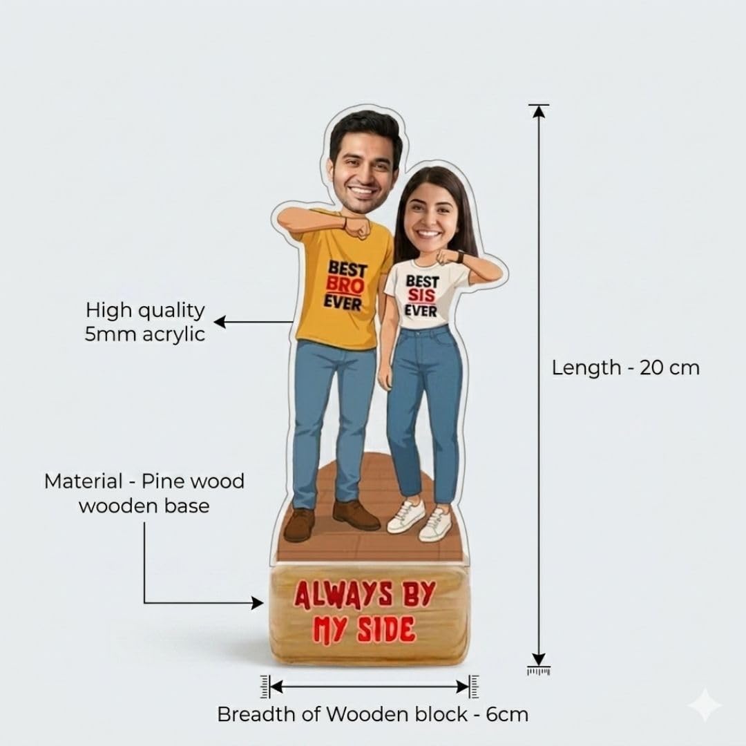 Bazinco Personalized By My Side Sibling Caricature | Custom Brother Sister Gift Plaque | Acrylic Keepsake for Raksha Bandhan & Birthday