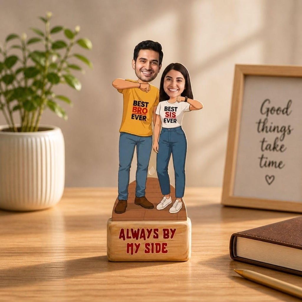 Bazinco Personalized By My Side Sibling Caricature | Custom Brother Sister Gift Plaque | Acrylic Keepsake for Raksha Bandhan & Birthday