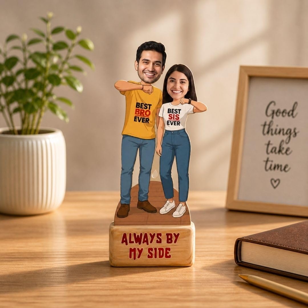 Bazinco Personalized By My Side Sibling Caricature | Custom Brother Sister Gift Plaque | Acrylic Keepsake for Raksha Bandhan & Birthday