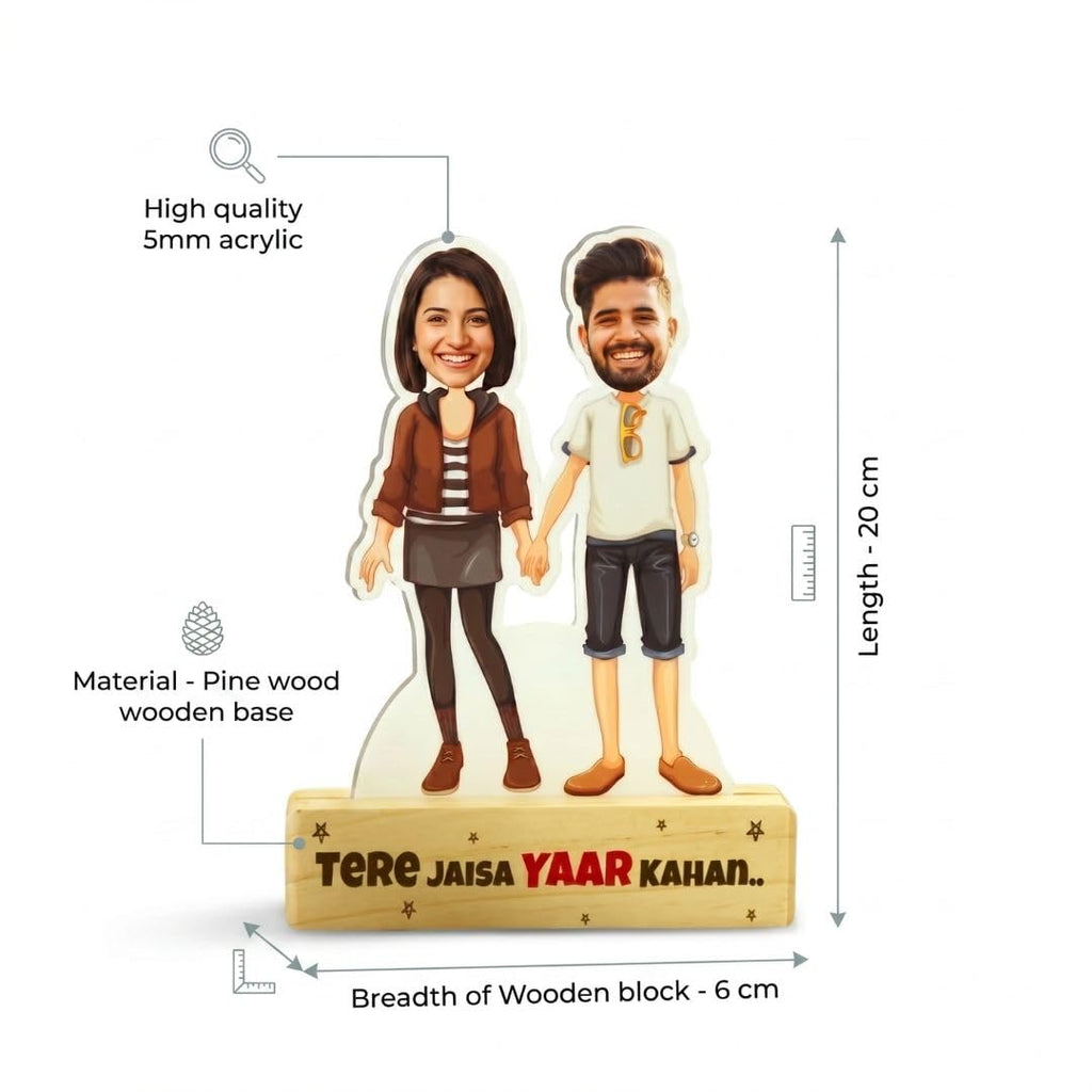 Bazinco Personalized Caricature with Wooden Stand for Friends | Custom Acrylic Plaque | Unique Best Friend Gift for Birthday & Friendship Day