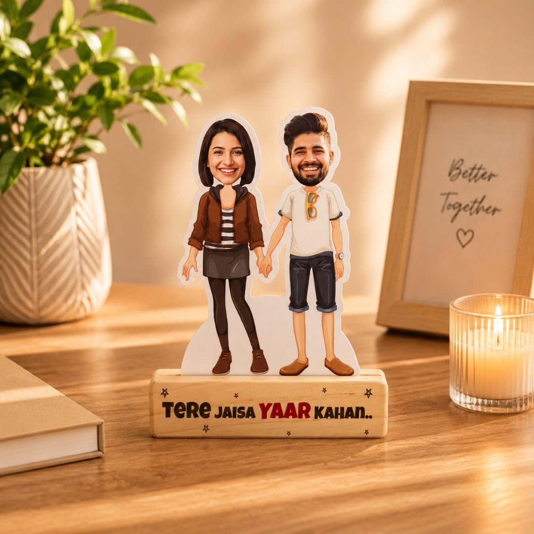 Bazinco Personalized Caricature with Wooden Stand for Friends | Custom Acrylic Plaque | Unique Best Friend Gift for Birthday & Friendship Day